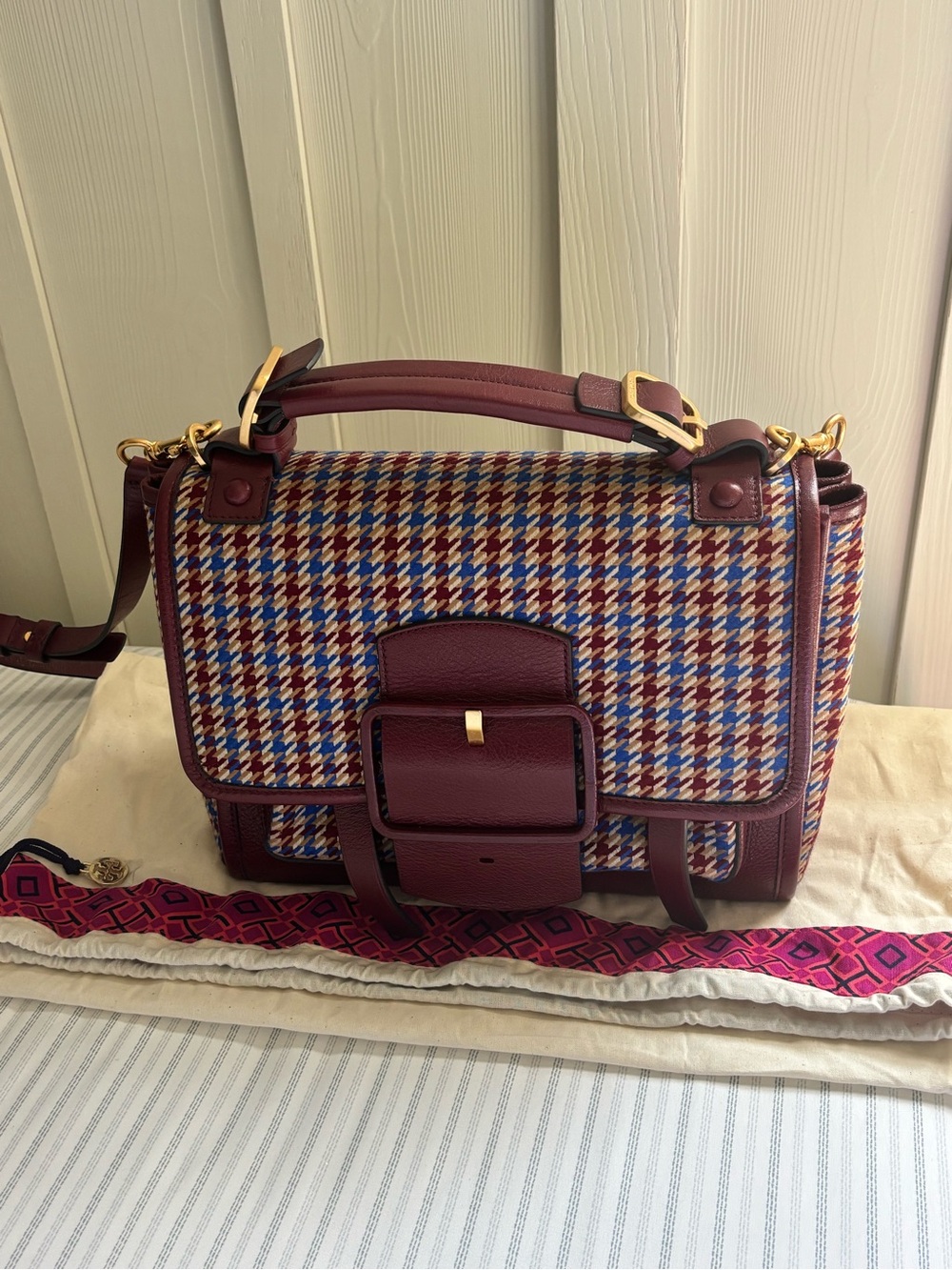 Tory Burch Woven Houndstooth Satchel Shoulder Bag in Burgundy